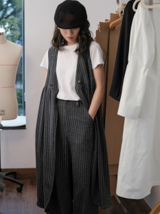 彡川里 春夏条纹背心长款开衫裙 正反面两穿 原创设计