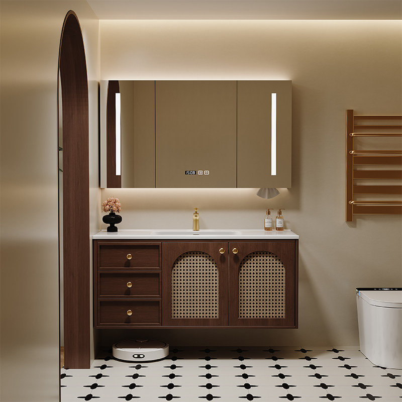 中古风藤编浴室柜组合法式复古实木陶瓷一体盆卫生间洗漱台洗手池,家装主材,浴室柜组合,淘宝优惠券,粉丝福利购,淘宝优惠卷