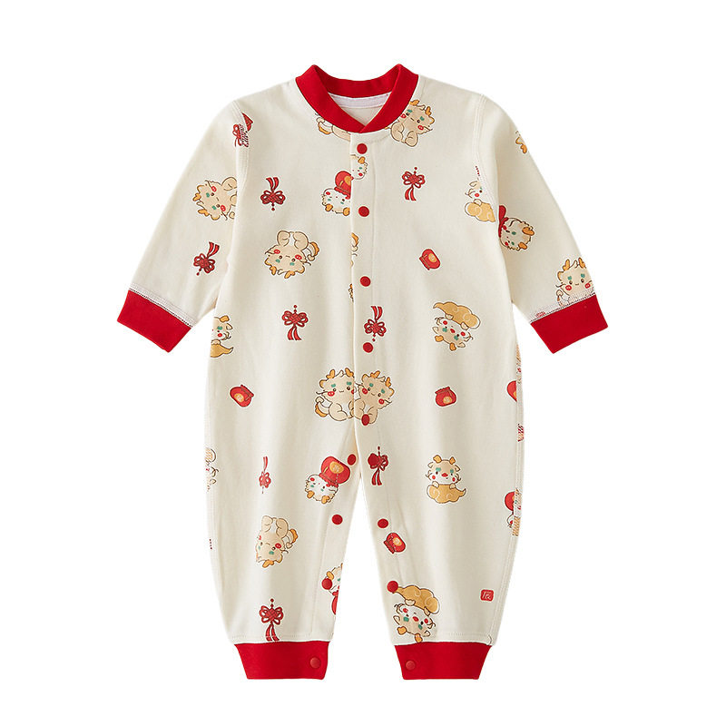 婴儿连体衣春秋纯棉a类新生儿衣服过年喜庆红色龙年宝宝哈衣服装