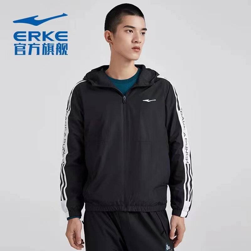 鸿星尔克2024秋季新款风衣男士休闲运动条纹连帽外套11221382032
