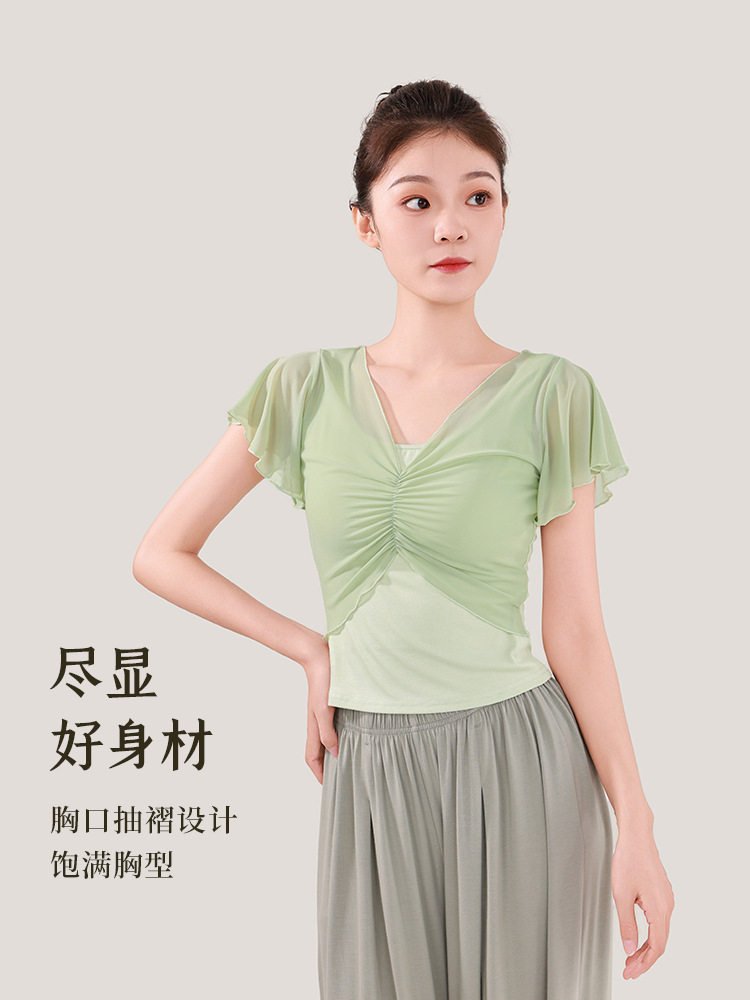 加肥加大版花色舞蹈服成人夏季新款古典舞服女纱衣紧身显瘦练功服