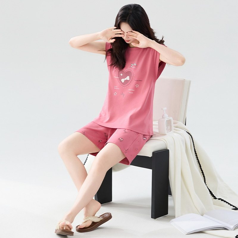 睡衣带胸垫女纯棉背心夏天薄款家居服套装加肥加大版T恤中老年人