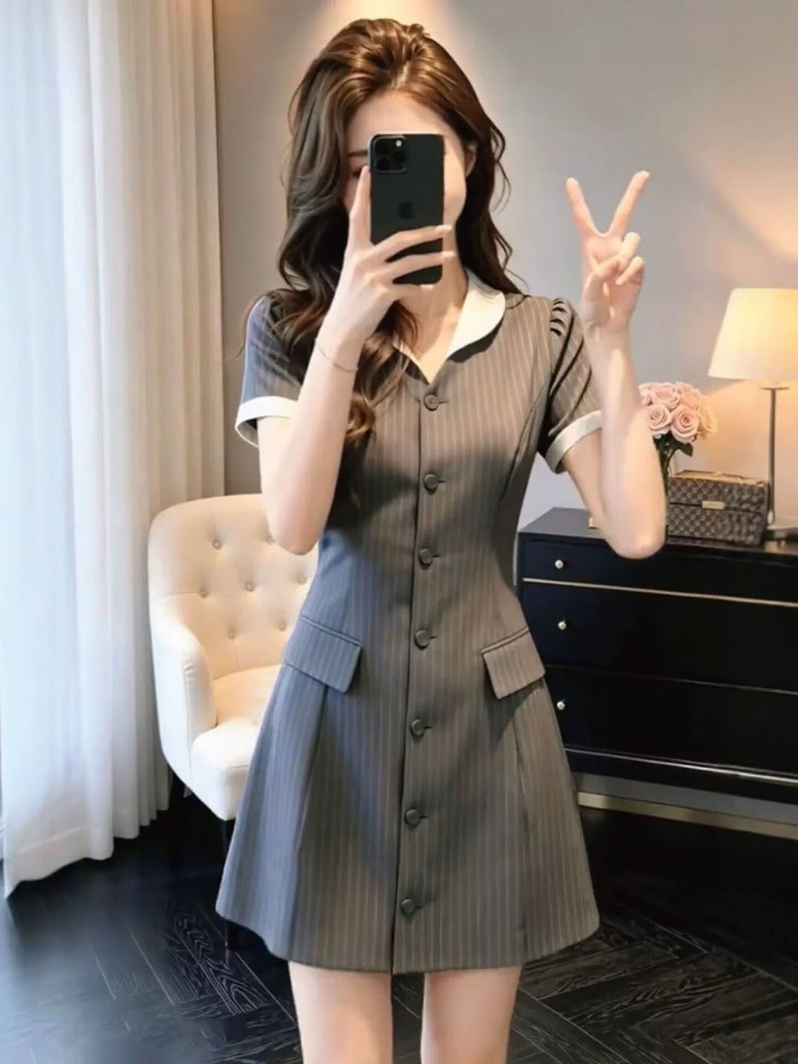 加肥加大版女条纹连衣裙子工作服面试幼师老师演讲礼服OL外套工衣