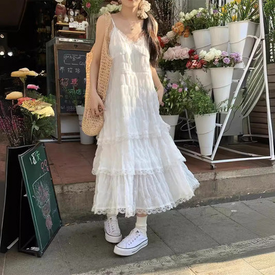 宽松印花色牛仔吊带背心连衣裙夏天碎花边蕾丝加肥加大款长款裙装