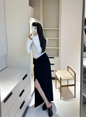 THEIRS 春秋新款设计感黑色显瘦长款半身裙女侧边开叉直筒包臀裙