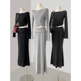 THEIRS纯欲风高级感两件套女春夏一字领露肩长袖半身长裙休闲套装