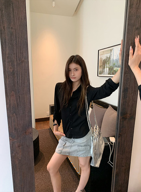 THEIRS 设计早秋新款复古水洗高腰排扣显瘦A字口袋裙短裙牛仔裙女