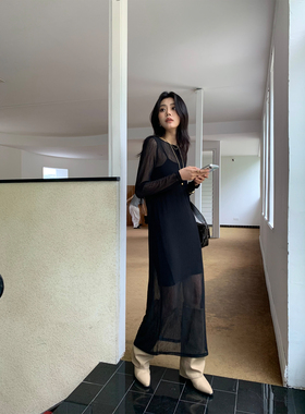 THEIRS秋季气质宽松显瘦中长款罩衫吊带黑色连衣裙时尚两件套装女