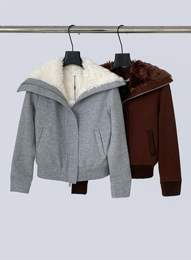 THEIRS 设计感宽松斜拉翻领无帽卫衣外套女秋美式长袖休闲开衫新