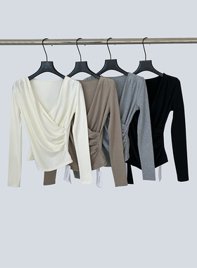 THEIRS针织衫上衣V领褶皱不规则长袖T恤女秋冬气质显瘦打底衫新款