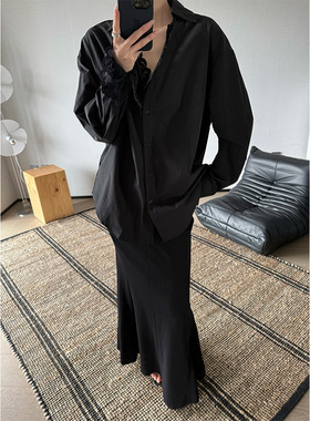 THEIRS 韩系蕾丝拼接POLO领衬衫上衣女春秋季新款设计感百搭衬衣