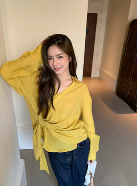 THEIRS 交叉V领长袖衬衫女春季绑带宽松气质衬衣设计感百搭上衣