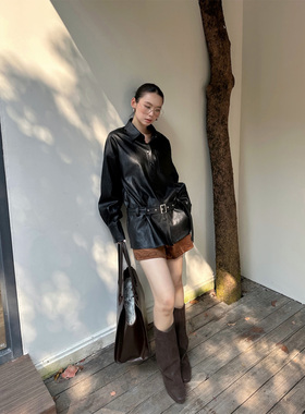 THEIRS 宽松腰带收腰秋季黑色酷飒机车夹克皮衣衬衫外套女高级感