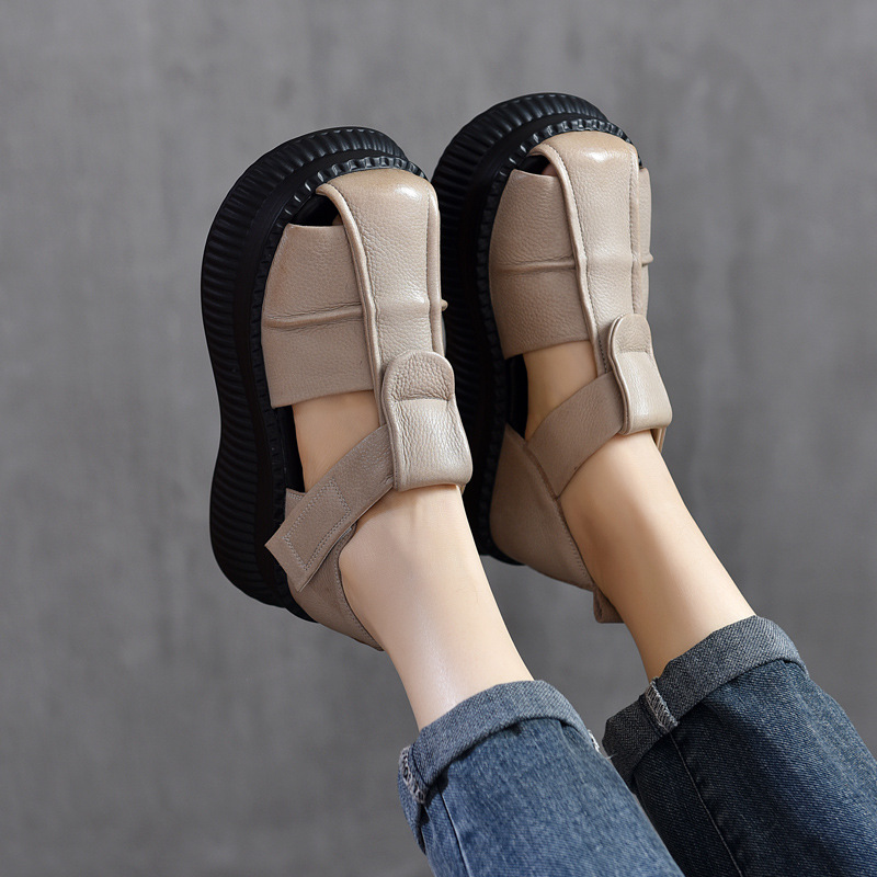 头层牛皮厚底松糕跟低帮女鞋 夏季 真皮罗马鞋