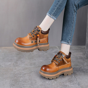 秋冬新款头层牛皮厚底马丁靴女黄色串珠双鞋带英伦风加绒骑士短靴