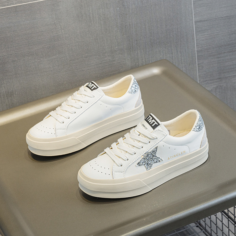 春季新款真皮厚底板鞋女百搭运动休闲女鞋平底系带透气星星小白鞋