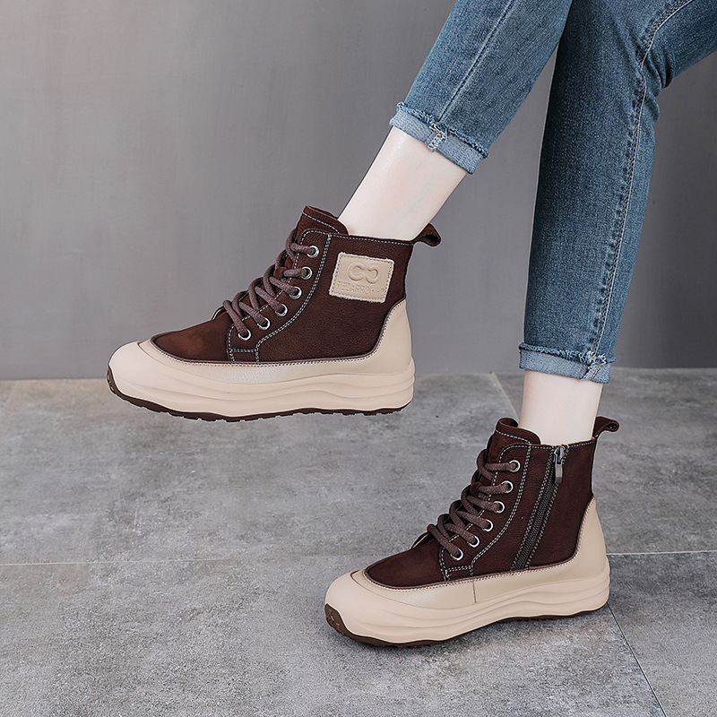 真皮厚底复古拼色马丁靴女秋冬新款头层牛皮短靴运动休闲高帮鞋子