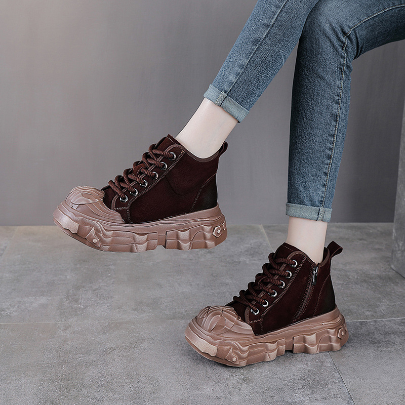 头层牛皮松糕厚底短靴真皮高跟女鞋秋冬新款休闲单鞋马丁靴子