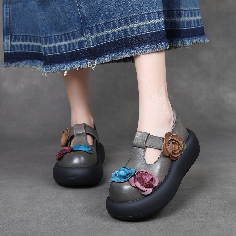 文艺复古手工花朵包头厚底女鞋魔术贴2025年秋季新款真皮罗马鞋