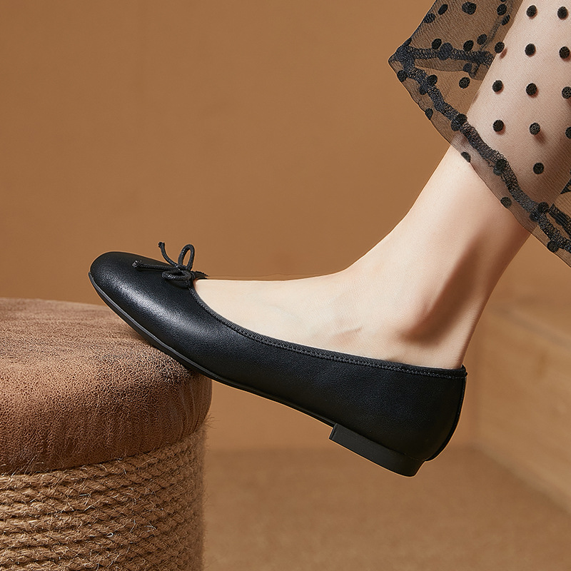 铂帝思 自制复古圆头浅口单鞋真皮手工软底百搭平底鞋蝴蝶结女鞋