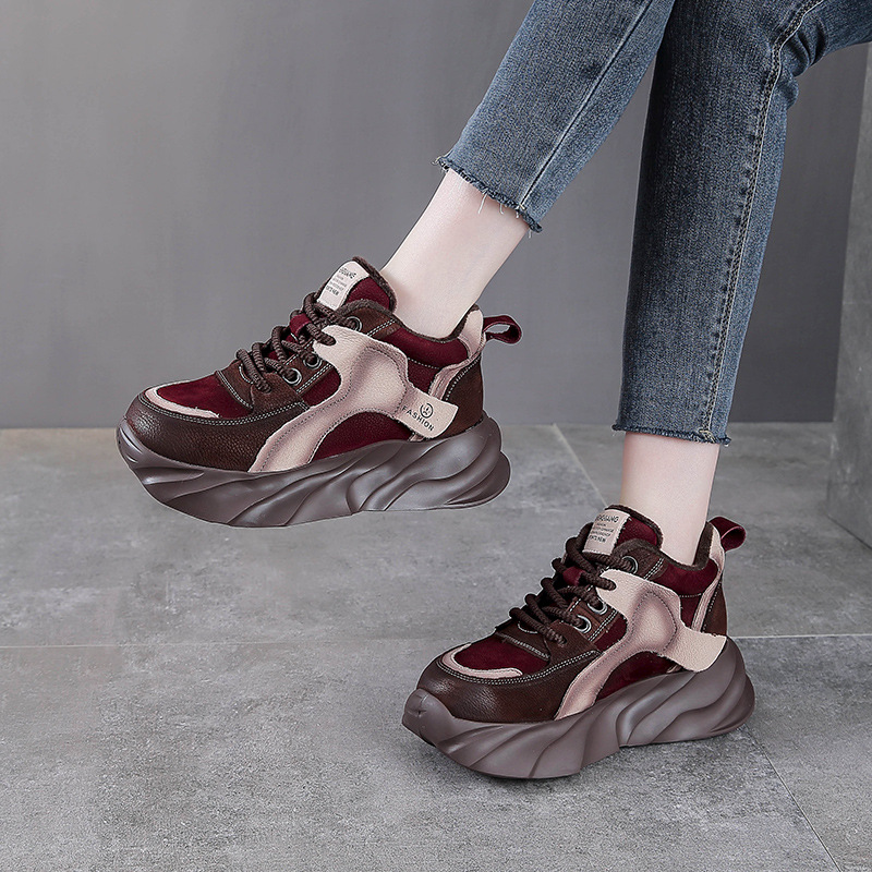 真皮休闲女鞋秋冬新款板鞋子秋冬加绒头层牛皮厚底高帮皮鞋马丁靴