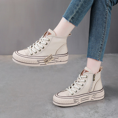 复古真皮休闲鞋女厚底系带高帮单鞋头层牛皮松糕软底大头运动板鞋