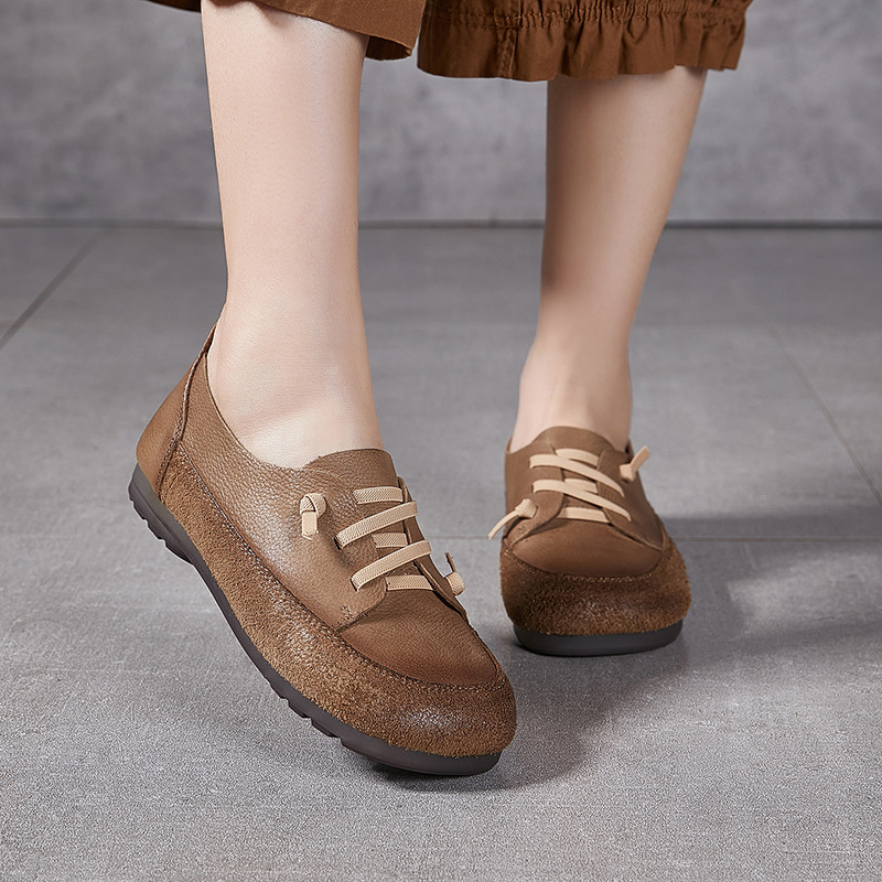 铂帝思 大码40-45复古女单鞋新款平底头层真牛皮松紧带文艺森女鞋