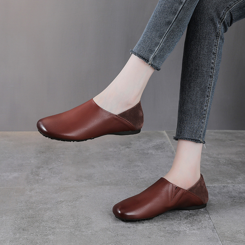 头层牛皮一脚蹬牛筋底单鞋女春秋季新款森系懒人软底真皮妈妈鞋子