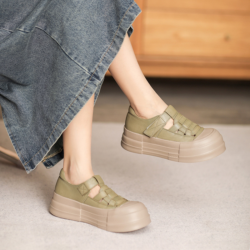 2025夏季新款厚底包头镂空凉鞋女头层牛皮猪笼鞋魔术贴罗马凉鞋