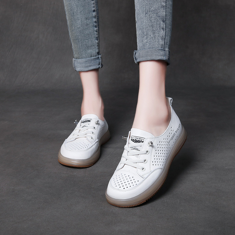 真皮小白鞋女板鞋春夏季新款平底休闲洞洞鞋百搭软底透气单鞋平跟