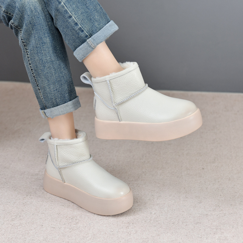 2024冬季新款真皮雪地靴女圆头厚底松糕加绒加厚保暖外穿棉鞋短靴