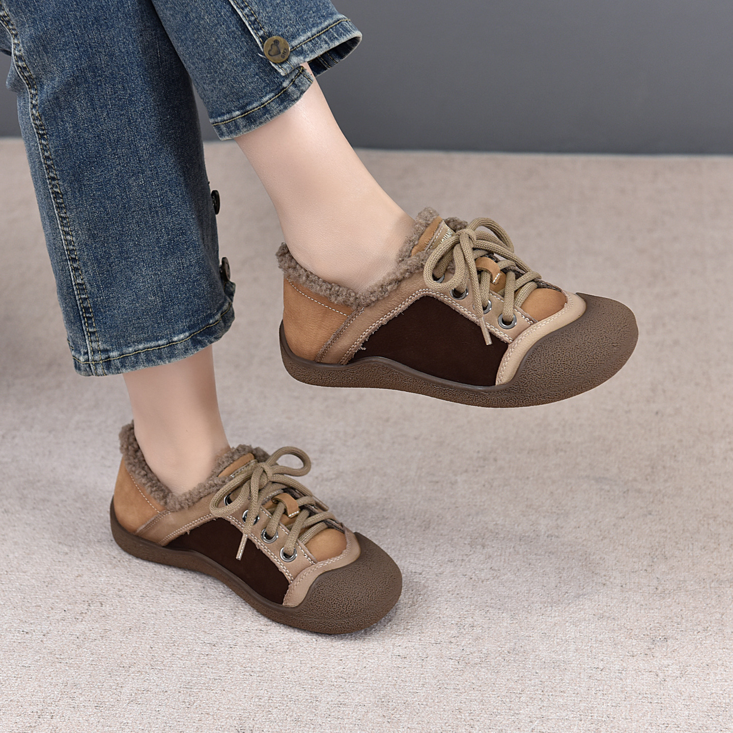 复古加绒拼色系带棉鞋女毛毛鞋25新款冬季女鞋真皮羊羔毛外穿时尚