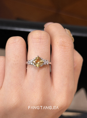 方糖家天然黄水晶方糖纯银戒指