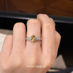 方糖家 天然黄水晶小方糖纯银开口戒指气质轻奢小众高级感指环女