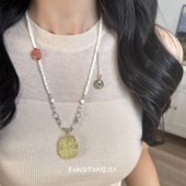 天然柠檬晶桃花九尾狐牌和田玉玛瑙串珠项链长款 方糖家 新中式 女