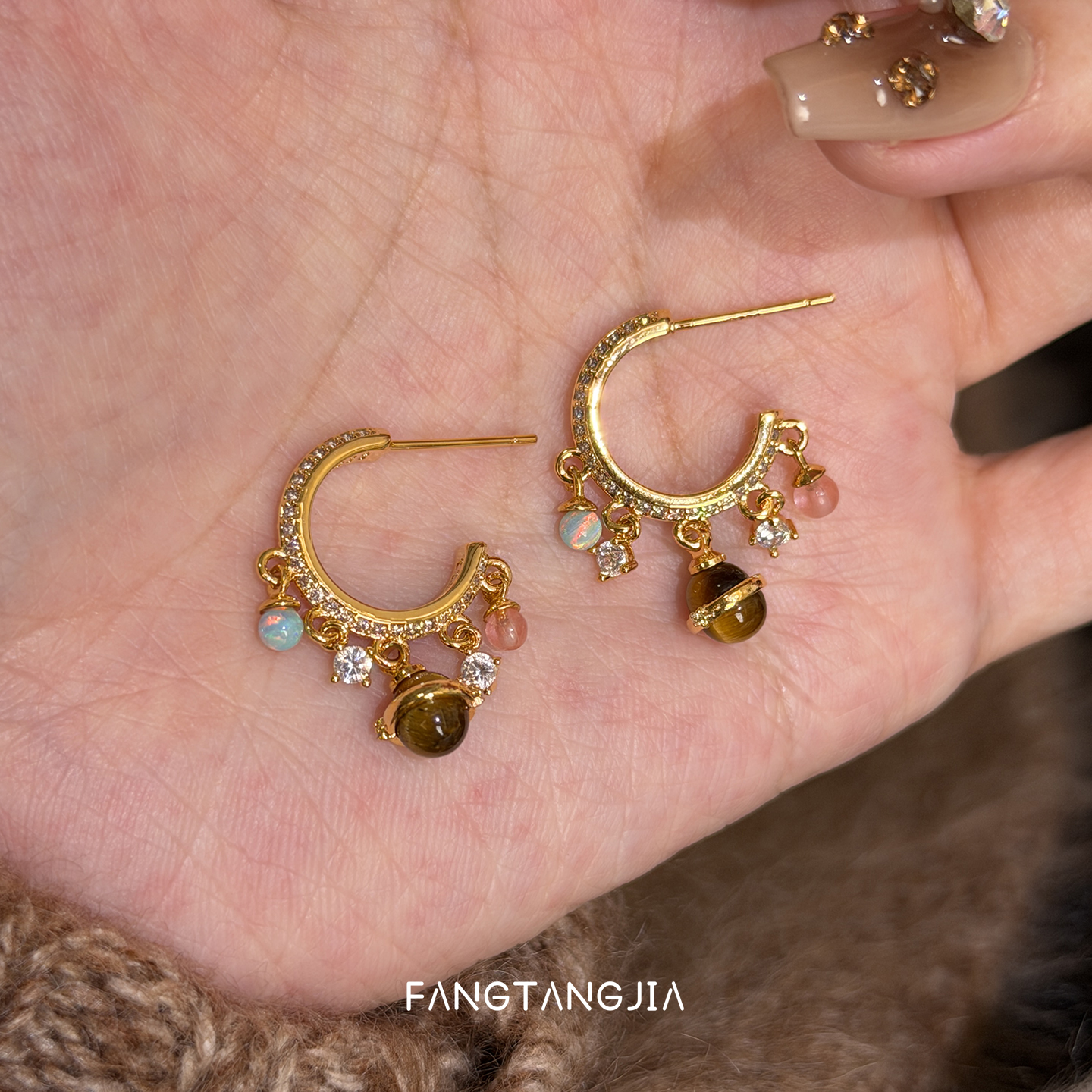 方糖家 欧珀星球/虎眼石复古灵动流苏圈圈耳环2025新款轻奢耳饰女