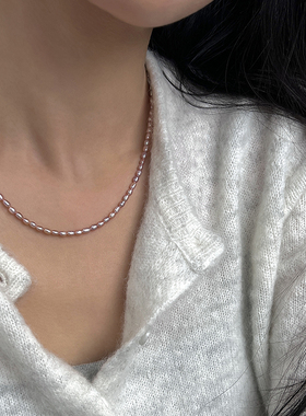 稀有强光粉紫天然小米粒珍珠项链