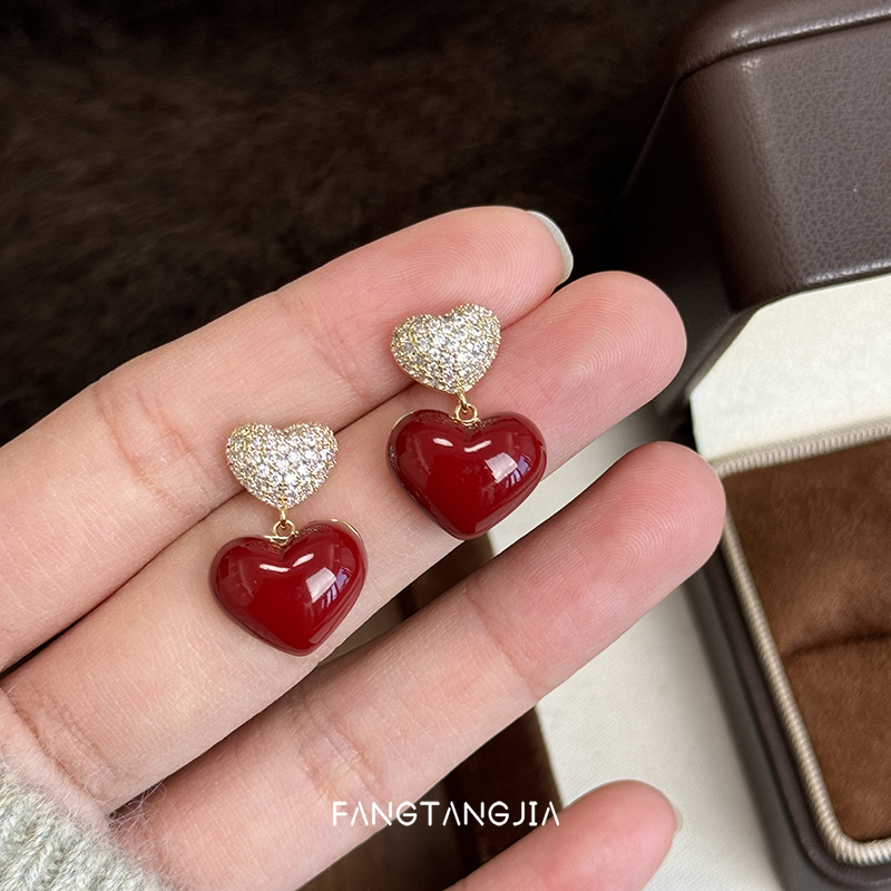 方糖家红色高级感滴釉爱心耳环