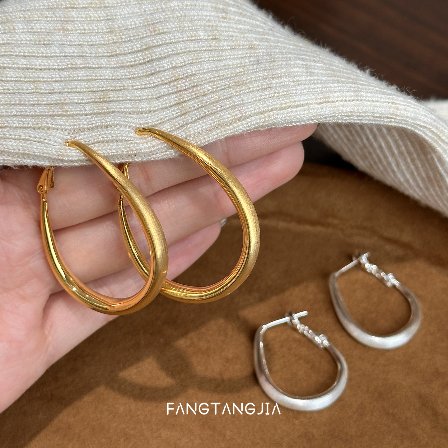 方糖家复古拉丝水滴圈圈耳环