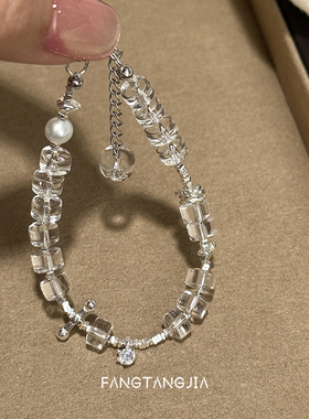 方糖家 原创天然珍珠高亮药片直切白水晶纯银碎银子手链手串女款