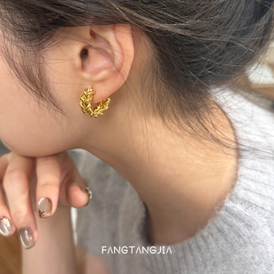 方糖家 法式复古金属编织麦穗C型麻花耳钉2026新款小众设计感耳环