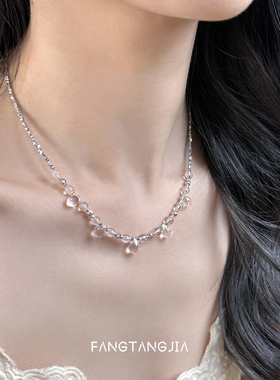 方糖家白水晶水滴纯银碎银项链