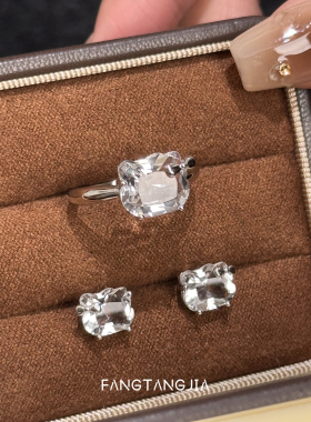 方糖家天然白水晶纯银猫猫戒指