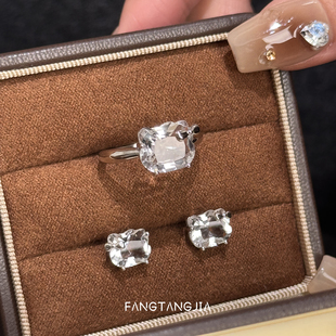 方糖家 天然白水晶纯银蝴蝶结猫猫甜美开口戒指小众设计高级感女