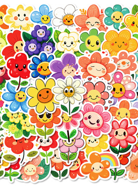 100张小花笑脸可爱治愈贴纸小清新ins风彩绘笔记本手机ipad贴画