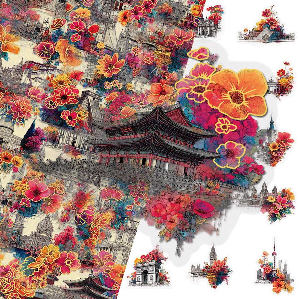 100张筑间芳菲烫金PET贴纸彩绘古风花朵建筑图案贴画diy装饰手账