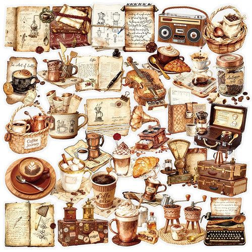 112张复古咖啡小物贴纸防水PET材质创意涂鸦装饰笔记本桌面贴画