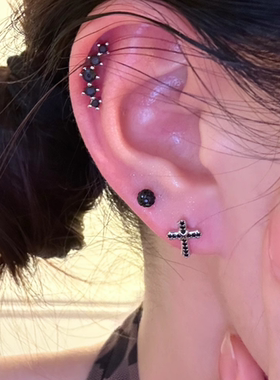 黑色排钻十字架医用钛钢耳骨钉防过敏养耳洞免摘百搭高级感耳钉女