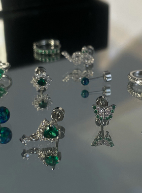 绿色钛钢耳钉女平底螺纹耳蜗钉养耳洞防过敏耳骨钉小蛇高级感耳饰