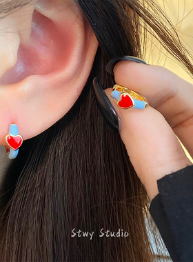 小巧精致蓝色耳圈少女心耳钉红色爱心耳环小众设计高级感耳饰女
